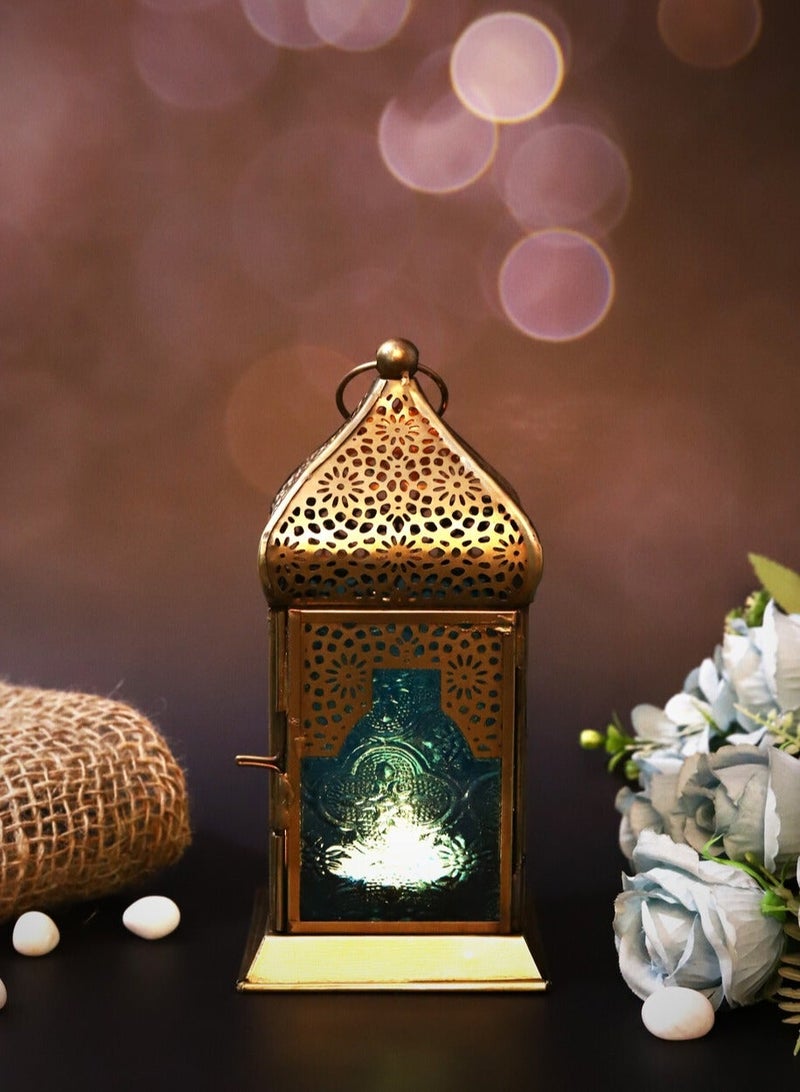 هلالفل فانوس شموع مزخرف مصنوع يدويًا من هلالفول، متوسط ​​الحجم | مناسب للديكور الداخلي والخارجي | طراز مغربي عربي | لتزيين المنزل في رمضان والعيد | حديد | هدية إسلامية | زجاج فيروزي - Image 2